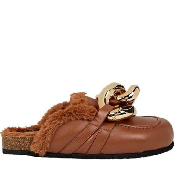 JW Anderson Leather Loafer Shearling Lined Gold Chain Brown Italy Size 6 NWOT - Picture 12 of 12